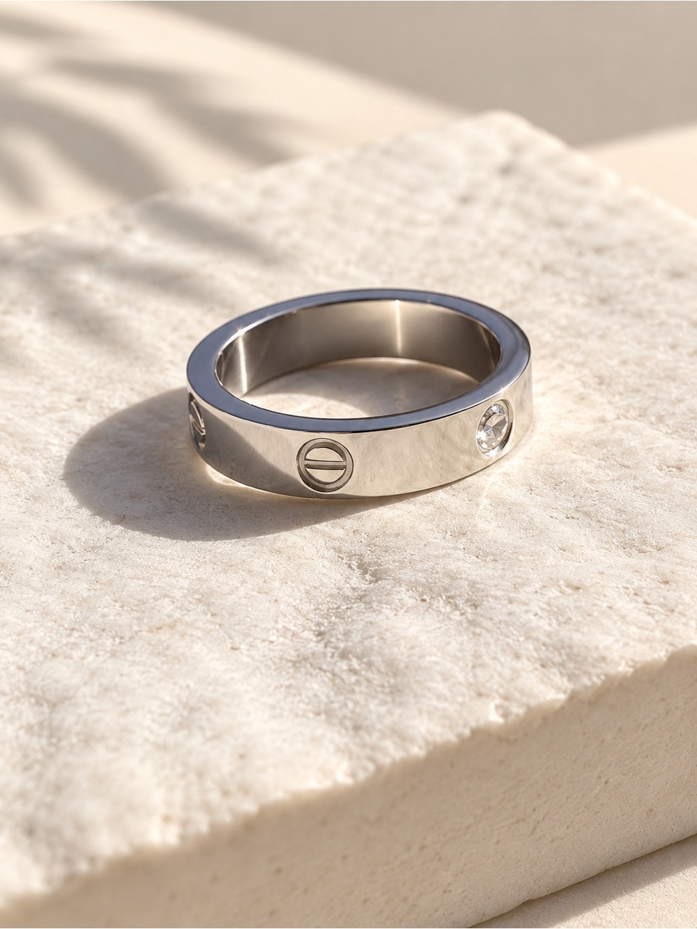 Stainless Steel Screw-Accent Ring with Clear Stones - Silver size 6